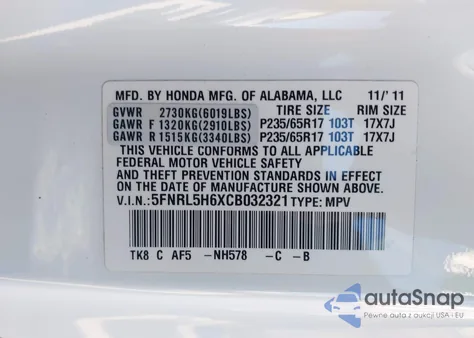 2012 Honda Odyssey Ex-L z USA, uszkodzony, nr VIN 5FNRL5H6XCB032321